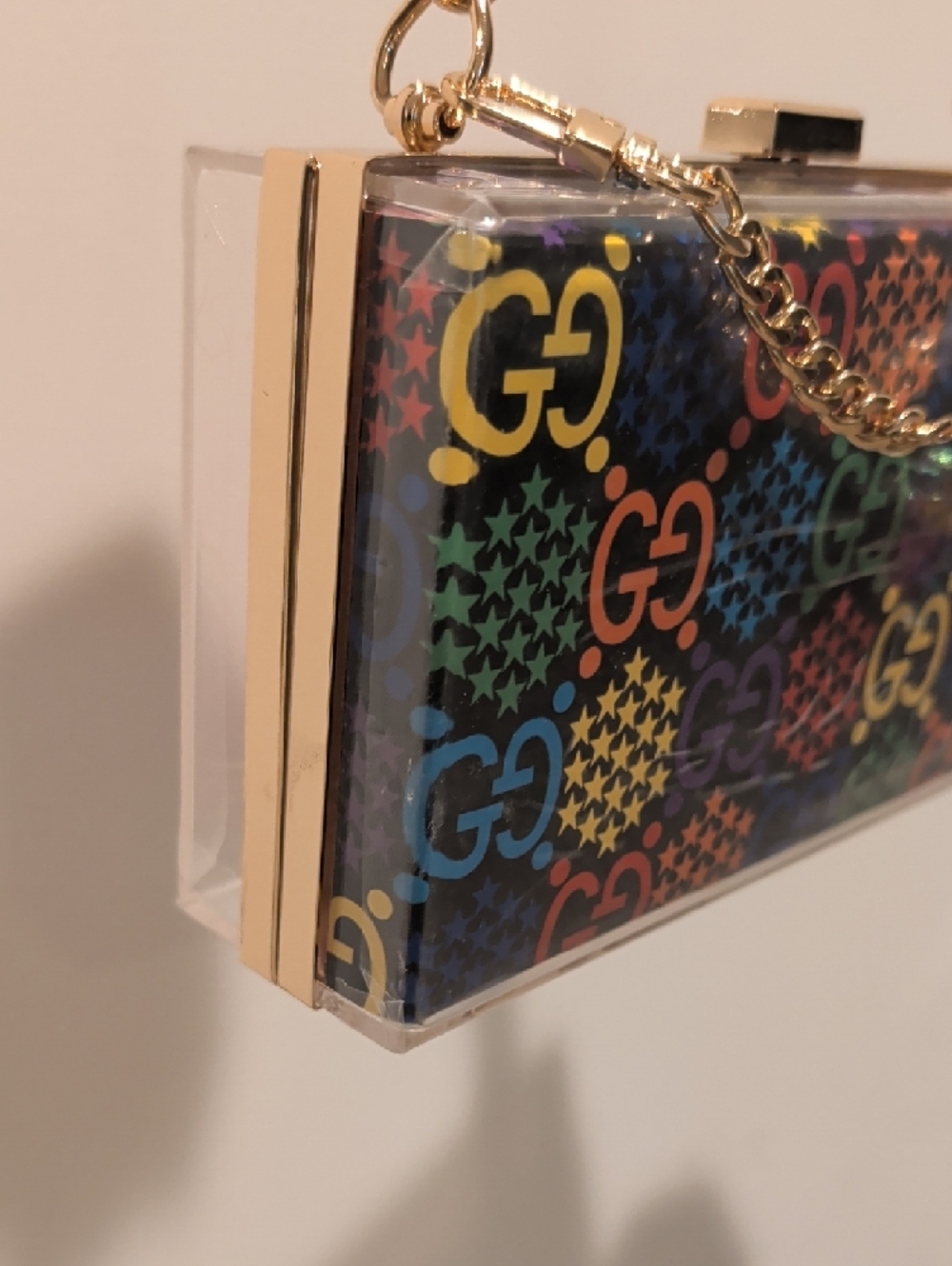 Upcycled Multicolor Logo Pattern Clear Box Clutch with Gold Chain/ 1 of 2 - Picture 3 of 6